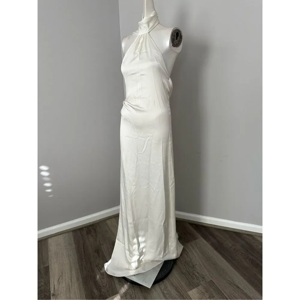 NWT Jonathan Simkhai Open Back Satin Vittoria Draped Scarf Maxi Gown Ivory Sz 0